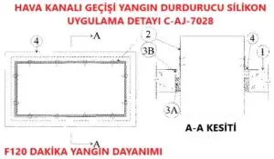 Döşeme veya Duvar Geçen Hava Kanalı Yangın Durdurucu Silikon Uygulama Detayı C-AJ-7028