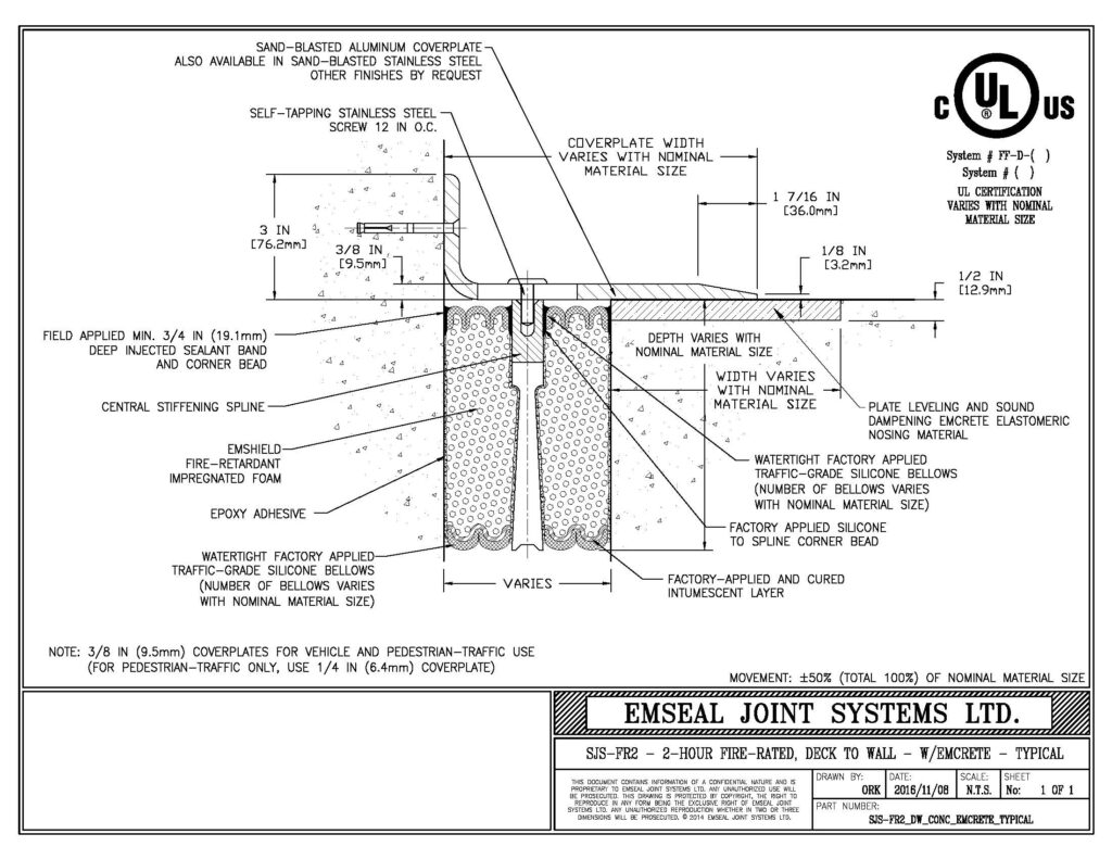 SJS-FR2 System - F120 Dakika Yangın Dayanımlı Döşemeden Duvara Genleşme Derzi Sistemi (Emcrete ile Tipik Uygulama)