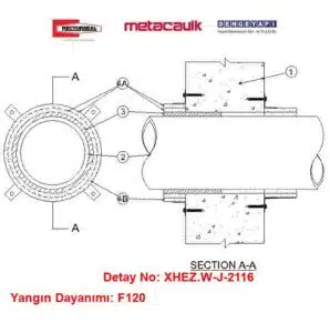 Beton Duvardan Geçen 100 mm CPVC Boru F120 MC SARGI / MC KELEPÇE Yangın Durdurucu Detayı W-J-2116