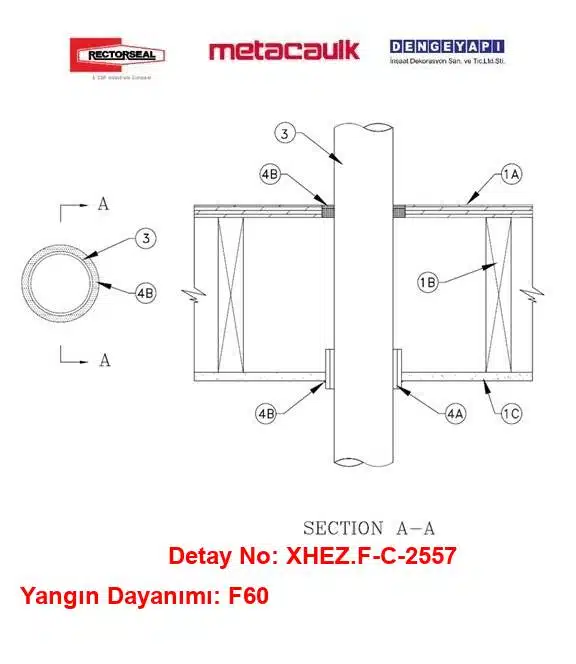 Ahşap Döşemeden Geçen 100 mm Elektrik Konduiti F60 Metacaulk Joint Strip / MC1000 Yangın Durdurucu Detayı F-C-2557