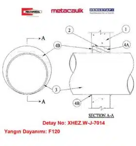 Beton Duvardan Geçen 16 inç Çelik Boru F120 MC1000 Yangın Durdurucu Detayı W-J-7014