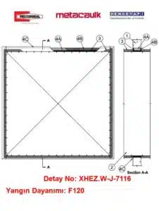 Beton Duvardan Geçen İzoleli 100 inç Çelik Hava Kanalı F120 MC1000 / 350i Yangın Durdurucu Detayı W-J-7116
