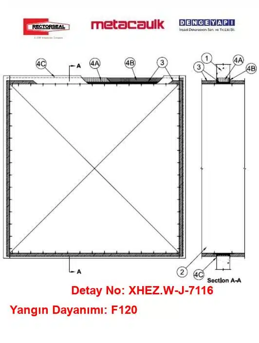 Beton Duvardan Geçen İzoleli 100 inç Çelik Boru F120 MC1000 / 350i Yangın Durdurucu Detayı W-J-7116