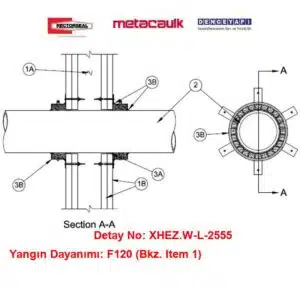 Alçıpan Duvardan Geçen 100 mm PVDF Boru F120 Biostop 500+ / MC150+ Yangın Durdurucu Detayı W-L-2555