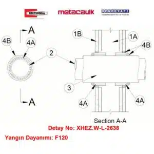 Alçıpan Duvardan Geçen İzoleli 75 mm PEX Polietilen Boru F120 MC SARGI / MC1000 Yangın Durdurucu Detayı W-L-2638