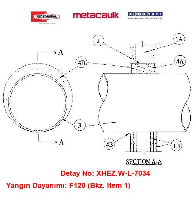 Alçıpan Duvardan Geçen 16 inç Çelik Hava Kanalı F120 MC1000 Yangın Durdurucu Detayı W-L-7034