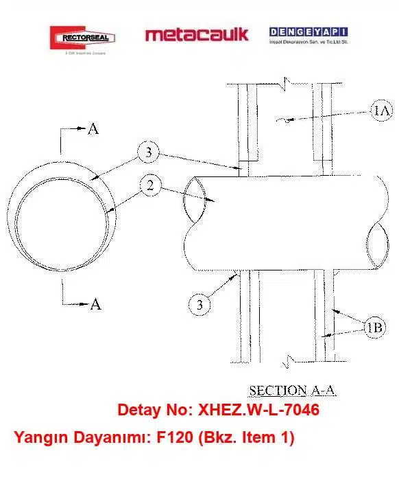 Alçıpan Duvardan Geçen 20 inç Çelik Hava Kanalı F120 FS 1900 / FS900 Yangın Durdurucu Detayı W-L-7046