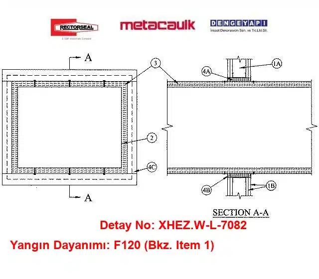 Beton Duvardan Geçen 16 inç Çelik Hava Kanalı F120 MC350i Yangın Durdurucu Detayı W-J-7082