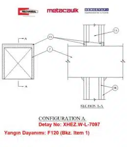 Alçıpan Duvardan Geçen 16 inç Çelik Hava Kanalı F120 MC1000 Yangın Durdurucu Detayı W-L-7097