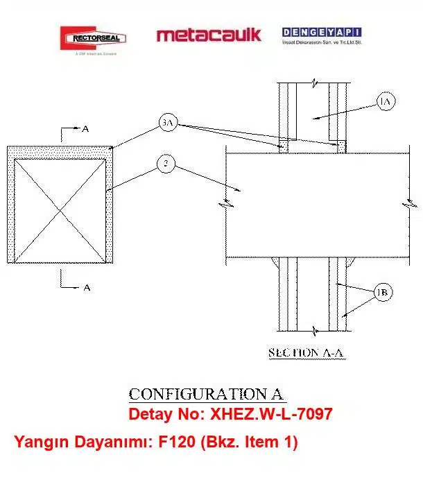 Alçıpan Duvardan Geçen 16 inç Çelik Hava Kanalı F120 MC1000 Yangın Durdurucu Detayı W-L-7097