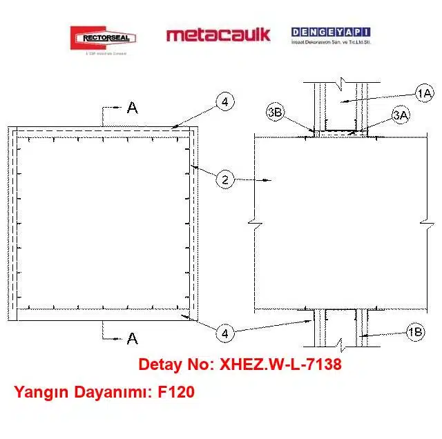 Beton Duvardan Geçen 10 inç Çelik Hava Kanalı F120 MC1200 / MC150+ Yangın Durdurucu Detayı W-J-7138