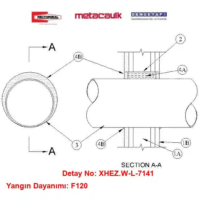 Alçıpan Duvardan Geçen 16 inç Çelik Hava Kanalı F120 MC350i Yangın Durdurucu Detayı W-L-7141