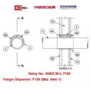 Alçıpan Duvardan Geçen 12 inç Çelik Hava Kanalı F120 MC150+ Yangın Durdurucu Detayı W-L-7162