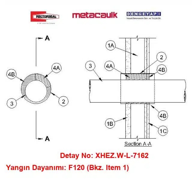 Alçıpan Duvardan Geçen 12 inç Çelik Hava Kanalı F120 MC150+ Yangın Durdurucu Detayı W-L-7162
