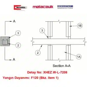 Alçıpan Duvardan Geçen 3-1/4 inç Çelik Hava Kanalı F120 MC1000 / MC150+ Yangın Durdurucu Detayı W-L-7208