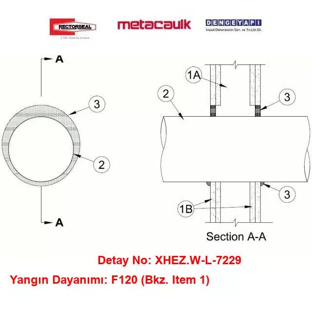Alçıpan Duvardan Geçen 10 inç Çelik Havalandırma Kanalı F120 MC1200 / MC150+ Yangın Durdurucu Detayı W-L-7229
