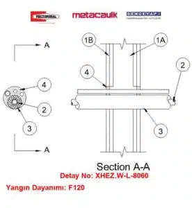 Alçıpan Duvardan Geçen 1 inç Bakır / Çelik veya Döküm Boru F120 MC150+ Yangın Durdurucu Detayı W-L-8060